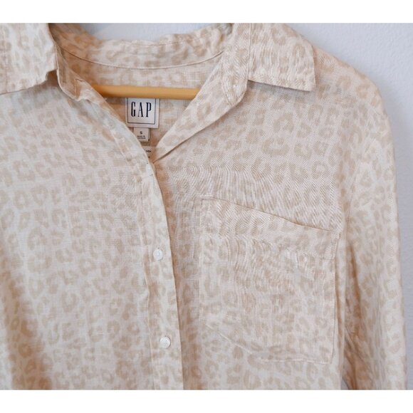 GAP Womens Linen Tan Animal Print Button Down Collared Shirt, small - Picture 2 of 8